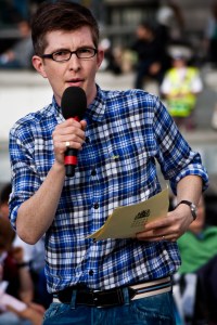 Gareth Malone rehearsing the Trafalgar Square audience in singing part of Bizet's Carmen.